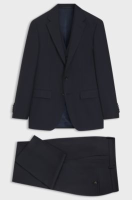 Three-piece slim-fit suit in virgin wool and silk, Dark Blue