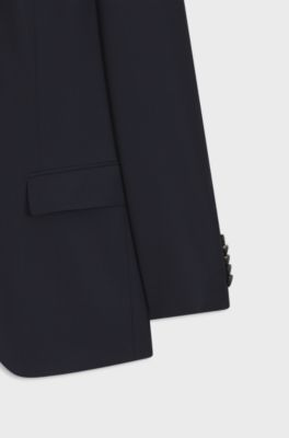 Three-piece slim-fit suit in virgin wool and silk, Dark Blue