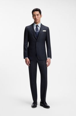Three-piece slim-fit suit in virgin wool and silk, Dark Blue