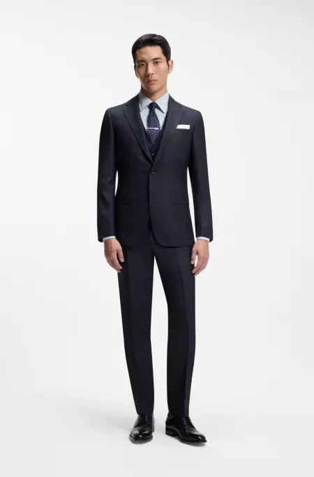 Three-piece slim-fit suit in virgin wool and silk