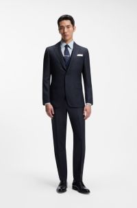 Three-piece slim-fit suit in virgin wool and silk, Dark Blue
