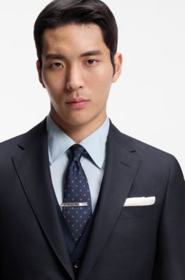 Three-piece slim-fit suit in virgin wool and silk, Dark Blue