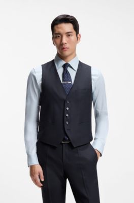 Three-piece slim-fit suit in virgin wool and silk, Dark Blue