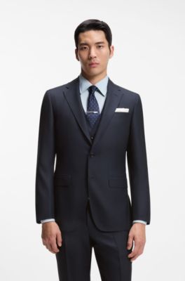 Three-piece slim-fit suit in virgin wool and silk, Dark Blue