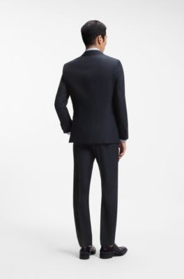 Three-piece slim-fit suit in virgin wool and silk, Dark Blue