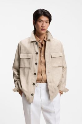 Regular-fit overshirt in virgin wool, silk and linen, Beige