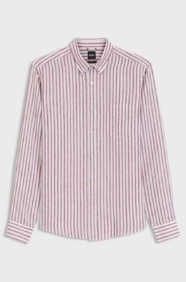 Regular-fit button-down shirt in striped linen, Red Stripes