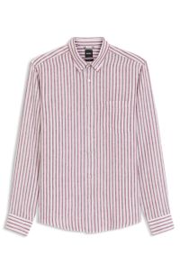 Regular-fit button-down shirt in striped linen, Red stripes