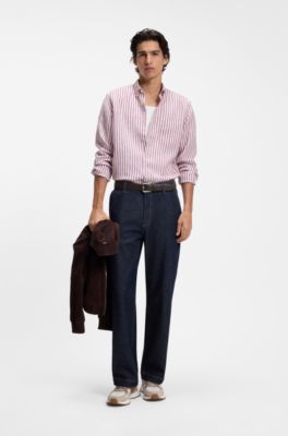 Regular-fit button-down shirt in striped linen, Red Stripes
