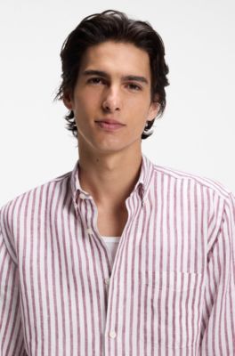 Regular-fit button-down shirt in striped linen, Red Stripes
