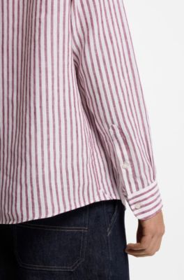 Regular-fit button-down shirt in striped linen, Red Stripes
