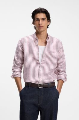 Regular-fit button-down shirt in striped linen, Red Stripes