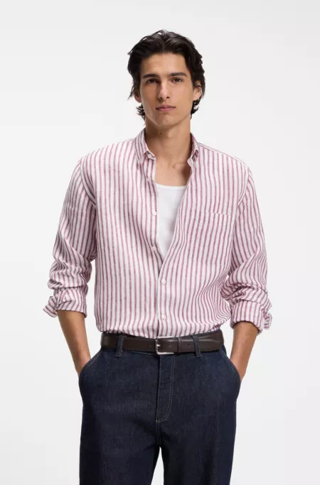 Regular-fit button-down shirt in striped linen