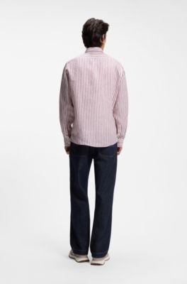 Regular-fit button-down shirt in striped linen, Red Stripes