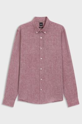 Camicia regular fit in lino con colletto button down, Rosso
