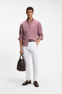Camisa regular fit de lino con botones en el cuello, Rojo