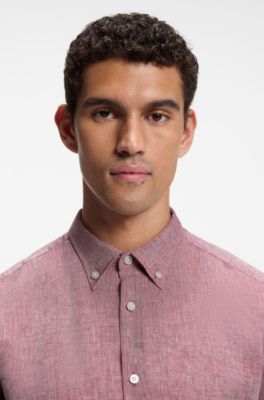 Camisa regular fit de lino con botones en el cuello, Rojo