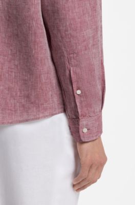 Camisa regular fit de lino con botones en el cuello, Rojo