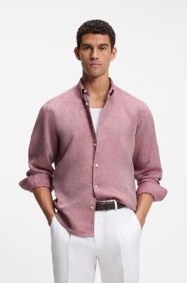 Camisa regular fit de lino con botones en el cuello, Rojo
