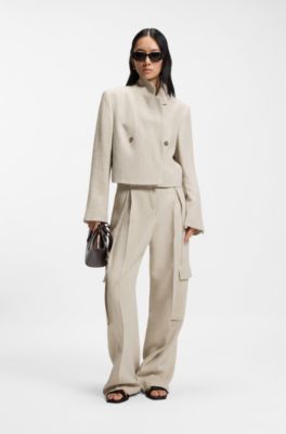 Cropped blazer in a herringbone-patterned linen blend, Light Beige