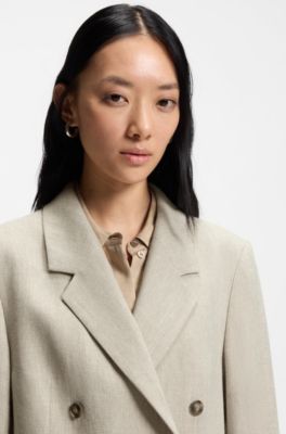 Cropped blazer in a herringbone-patterned linen blend, Light Beige