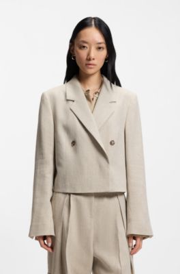 Cropped blazer in a herringbone-patterned linen blend, Light Beige
