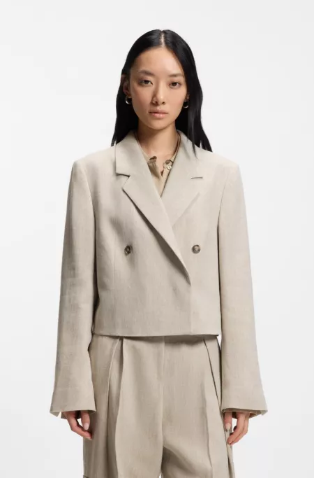 Cropped blazer in a herringbone-patterned linen blend