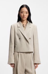 Cropped blazer in a herringbone-patterned linen blend, Light Beige