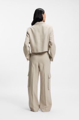 Cropped blazer in a herringbone-patterned linen blend, Light Beige