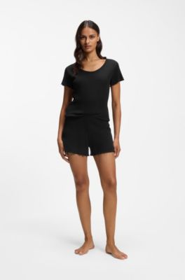 Pantalones cortos de pijama con estructura de rejilla de algod&oacute;n, Negro