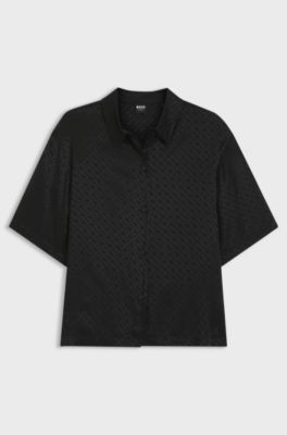 Pyjama shirt in satin with monogram jacquard, Black