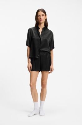 Pyjama shirt in satin with monogram jacquard, Black