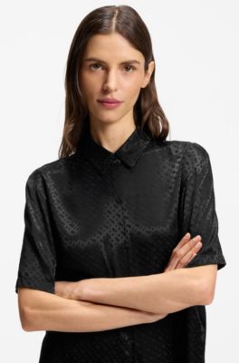 Pyjama shirt in satin with monogram jacquard, Black