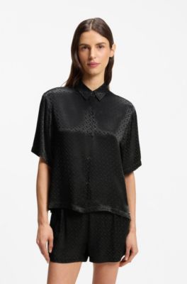Pyjama shirt in satin with monogram jacquard, Black