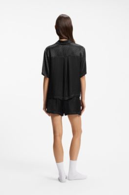 Pyjama shirt in satin with monogram jacquard, Black
