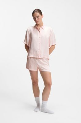 Pyjamasskjorta i satin med monogram-jacquard, ljusrosa