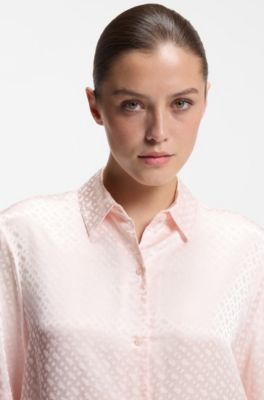 Pyjamasskjorte i satin med monogramjacquard, Light Pink