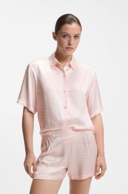 Pyjamasskjorte i satin med monogramjacquard, Light Pink