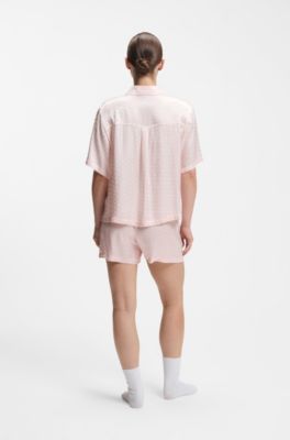 Pyjamasskjorta i satin med monogram-jacquard, ljusrosa