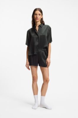 Pyjama shorts in satin with monogram jacquard, Black