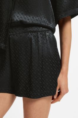 Pyjama shorts in satin with monogram jacquard, Black