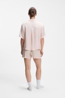 Short de pyjama en satin &agrave; monogramme jacquard, Rose clair