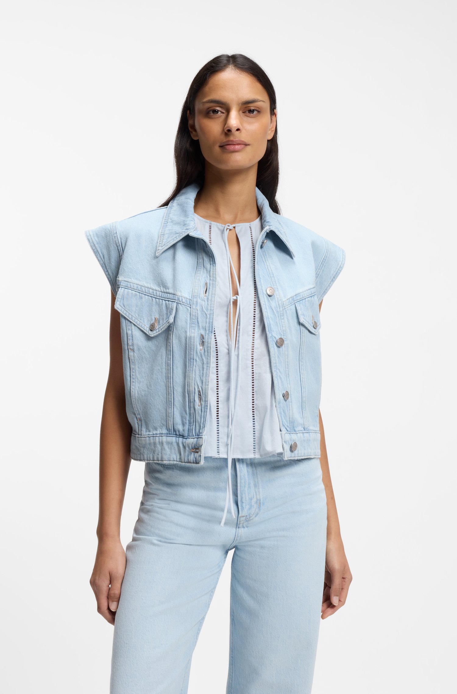 Boss Regular-fit vest in blue marbled denim jackor dam
