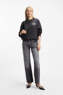 Cotton sweatshirt with floral artwork, Black