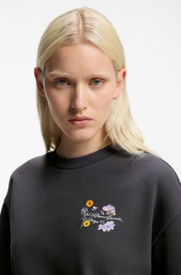 Cotton sweatshirt with floral artwork, Black