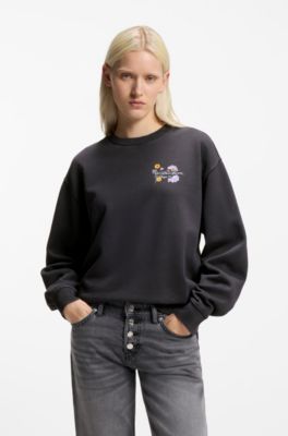 Katoenen sweatshirt met bloemenartwork, Zwart