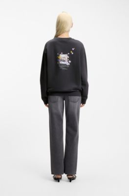 Sweatshirt aus Baumwolle mit Blumen-Artwork, Schwarz