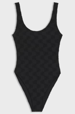 Stretch-terry swimsuit with stacked logos, Black