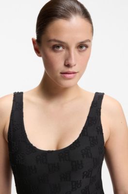 Stretch-terry swimsuit with stacked logos, Black
