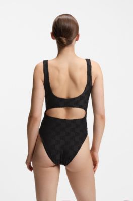 Stretch-terry swimsuit with stacked logos, Black